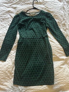 Boden Dark Green Long-Sleeve Patterned Cotton Dress